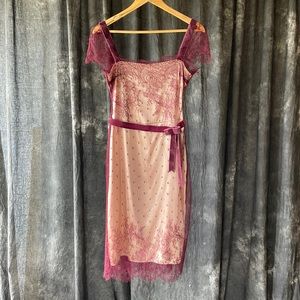 Sanimi Burgundy French Lace Nude Silk Lined Dress - Size S